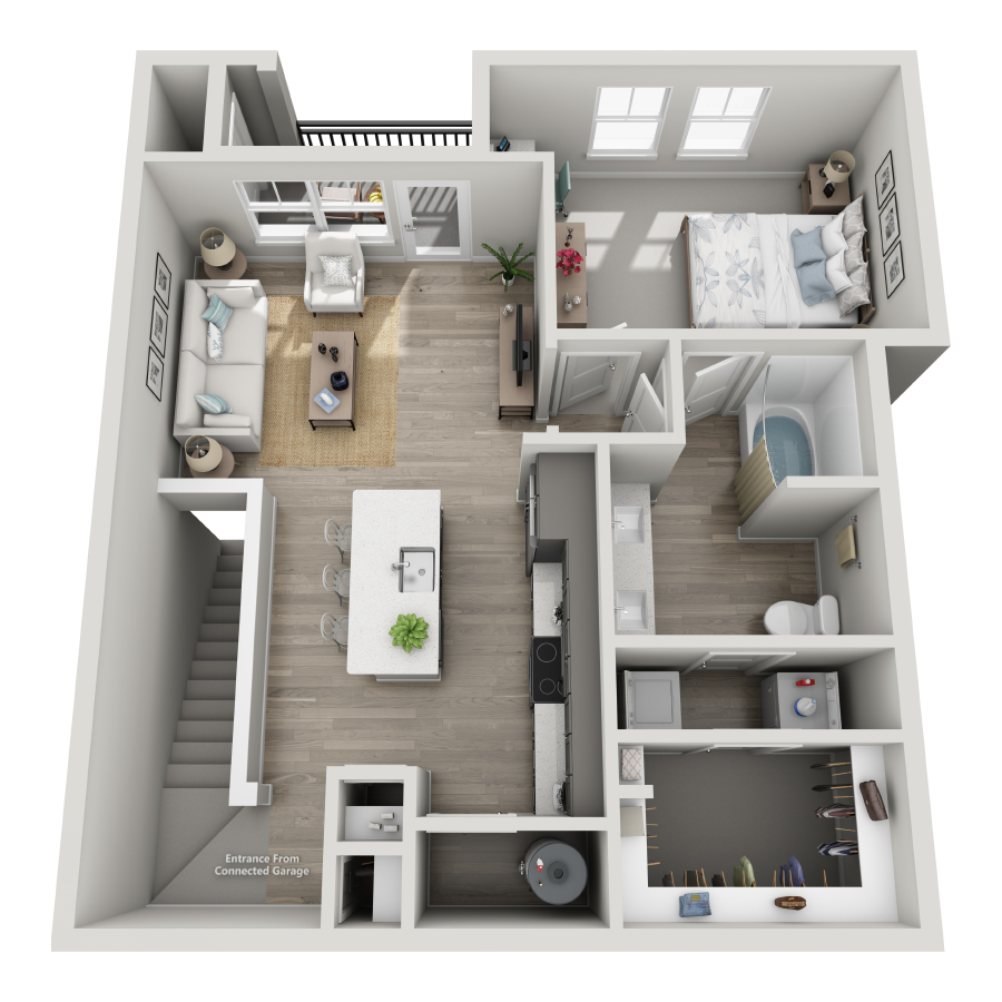 Rendering of the A3-U floor plan with 1 bedroom[s] and 1 bathroom[s] at Milo (Garden)