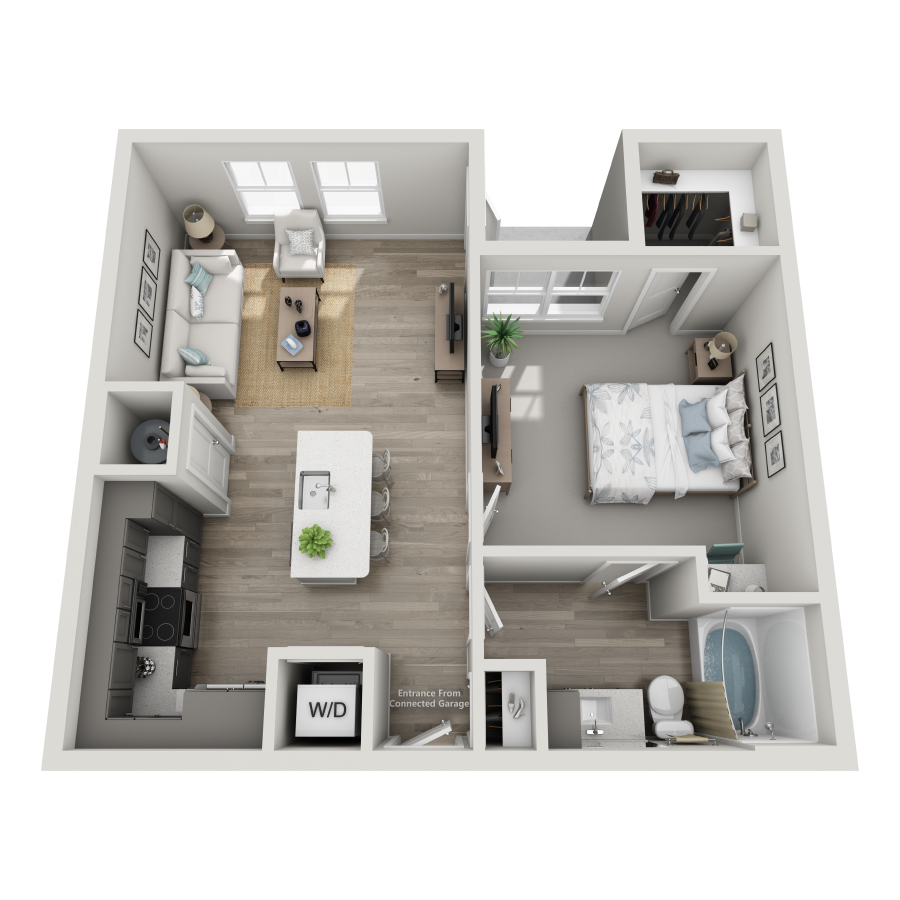 Rendering of the A2-L floor plan with 1 bedroom[s] and 1 bathroom[s] at Milo (Garden)