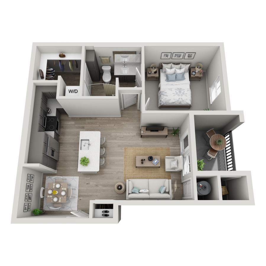 Rendering of the A1 floor plan with 1 bedroom[s] and 1 bathroom[s] at Milo (Garden)